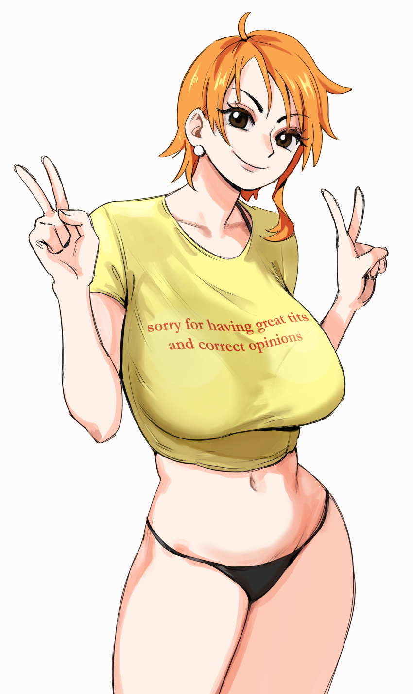 1girl absurdres black_panties bra_strap breasts brown_eyes clothes_writing cowboy_shot crop_top double_v earrings english_text highres jewelry joy_boy large_breasts looking_at_viewer nami_(one_piece) nami_(one_piece)_(post-timeskip) navel no_pants one_piece orange_hair panties shirt short_hair short_hair_with_long_locks simple_background smile thighs underwear v very_short_hair white_background yellow_shirt