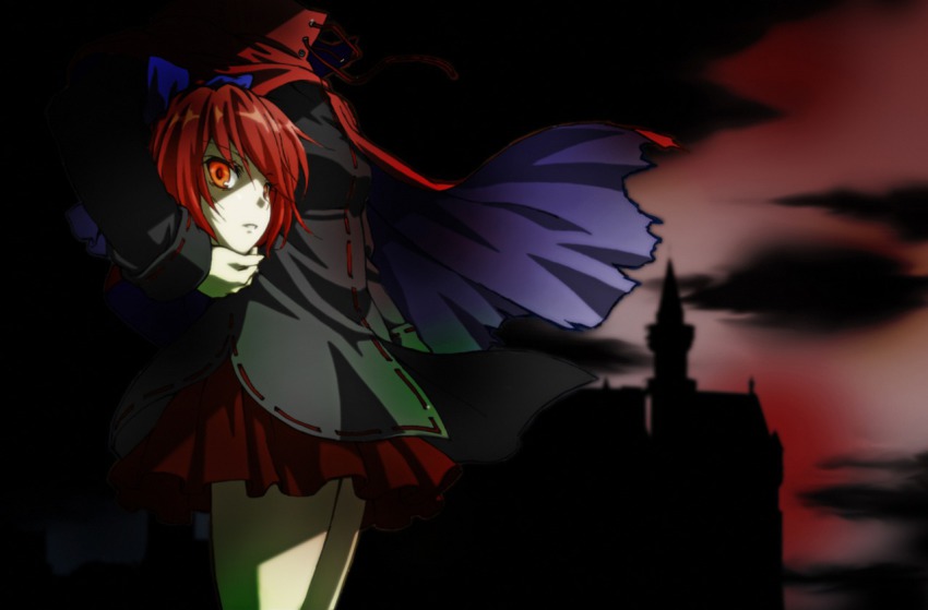 1girl beluo77 bow cape castle disembodied_head female_focus hair_bow long_sleeves miniskirt night open_mouth red_eyes red_hair sekibanki short_hair skirt solo touhou wind