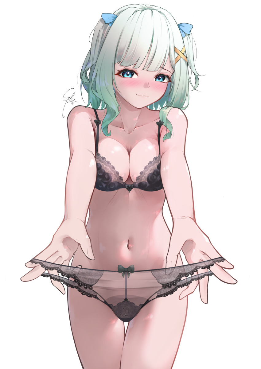 1girl absurdres black_bra black_panties blue_eyes blue_ribbon blush bottomless bow bow_panties bra breasts cleavage commentary english_commentary gradient_hair green_hair hair_ornament hair_ribbon highres holding holding_panties holding_underwear holding_unworn_clothes indie_virtual_youtuber lace lace_bra lace_panties lingerie looking_at_viewer medium_breasts medium_hair mint_fantome multicolored_hair navel panties panties_day presenting_removed_panties ribbon signature simple_background solo syxh two_side_up underwear underwear_only unworn_panties virtual_youtuber white_background white_hair x_hair_ornament