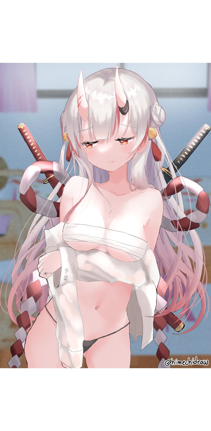 1girl absurdres alternate_breast_size bell blush breasts cleavage collarbone double_bun gradient_hair hair_bun highres hololive horns kitsunehime01 long_hair medium_breasts multicolored_hair nakiri_ayame navel oni red_eyes red_hair sarashi skin-covered_horns solo streaked_hair virtual_youtuber weapon weapon_on_back white_hair