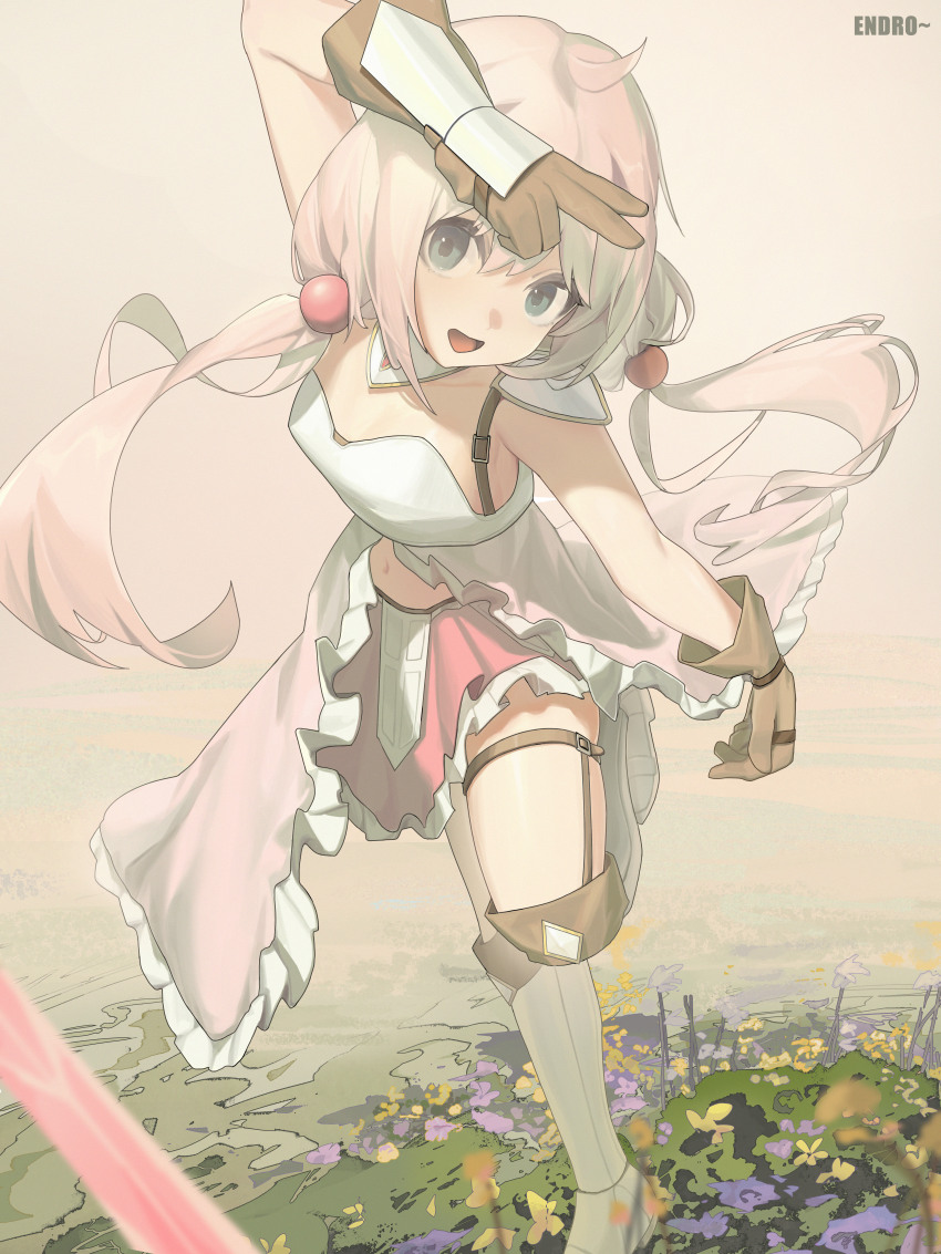 1girl arm_above_head arm_at_side arm_up armor armored_boots blue_eyes boots breasts brown_gloves copyright_name dress endro! female_focus foot_up frilled_dress frilled_skirt frills full_body gloves grey_footwear hiraba long_hair open_mouth outdoors petite pink_dress pink_hair pink_skirt shoulder_armor skirt small_breasts smile solo standing standing_on_one_leg thigh_boots thigh_strap twintails two-tone_dress two-tone_skirt v white_dress yuria_shardet