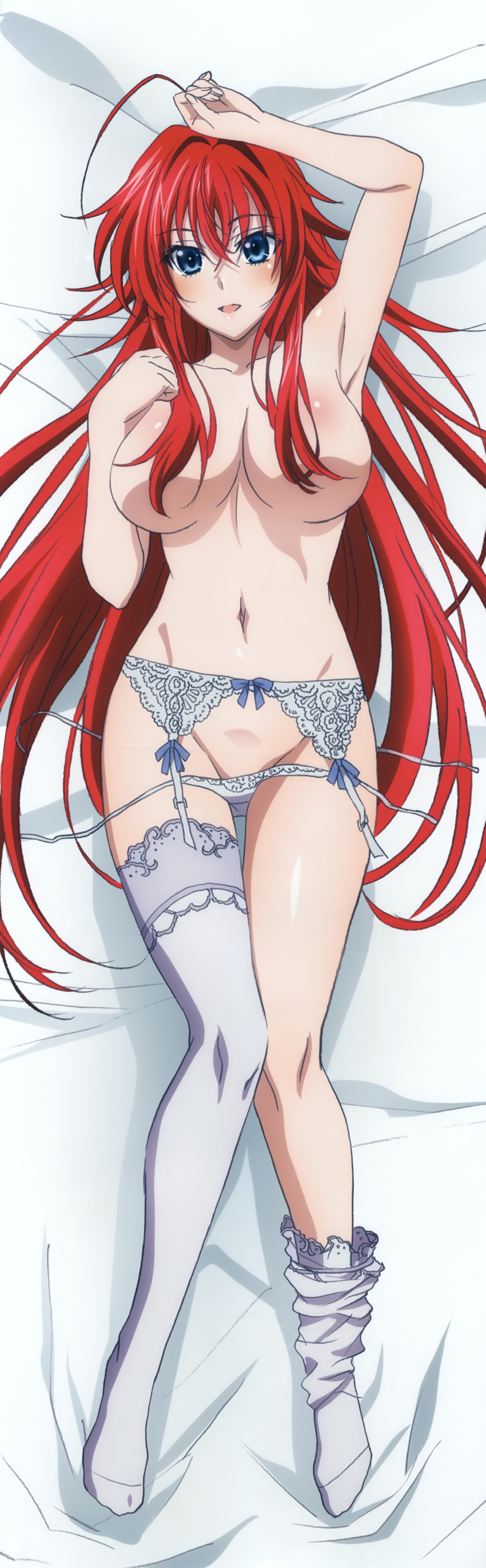 1girl absurdres ahoge arm_up armpits blue_eyes blush breasts collarbone dakimakura_(medium) demon_girl garter_straps groin hair_over_breasts high_school_dxd highres large_breasts long_hair looking_at_viewer navel no_bra official_art panties rias_gremory side-tie_panties stomach thighhighs thighs topless underwear untied_panties very_long_hair white_garter_straps white_panties white_thighhighs