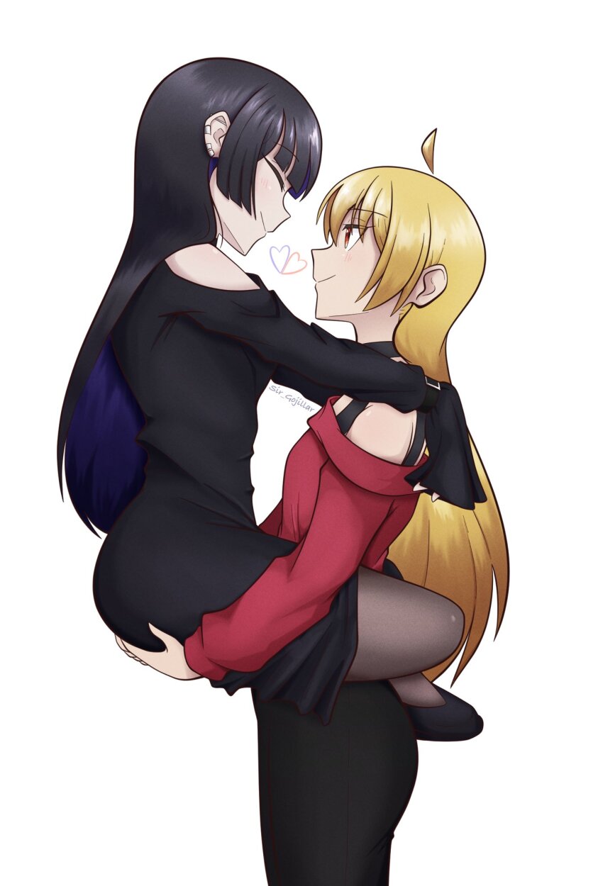 2girls ahoge artist_name bare_shoulders black_choker black_dress black_hair black_pants black_tank_top blonde_hair blunt_bangs blunt_sidelocks blush bocchi_the_rock! brown_pantyhose carrying carrying_person child_carry choker closed_eyes colored_inner_hair commentary cowboy_shot detached_ahoge dress ear_piercing from_side hand_on_another&#039;s_ass hands_on_another&#039;s_shoulders heart highres hime_cut ijichi_seika leg_lock long_hair long_sleeves looking_at_another multicolored_hair multiple_girls off-shoulder_sweater off_shoulder pa-san pants pantyhose piercing profile purple_hair red_eyes red_sweater sir_gojillar sleeves_past_wrists smile standing standing_leg_lock sweater tank_top white_background wrist_belt yuri