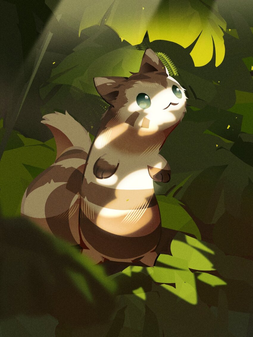 closed_mouth creatures_(company) facial_mark furret game_freak gen_2_pokemon highres leaf looking_up matwvv nintendo no_humans pokemon pokemon_(creature) smile standing sunlight whisker_markings