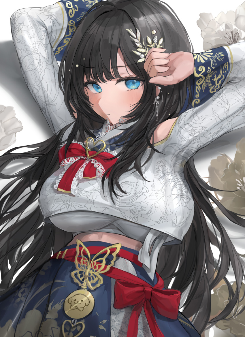 1girl absurdres bare_shoulders black_hair black_skirt blue_eyes breasts chan1moon closed_mouth cropped_shirt floral_print grey_shirt highres large_breasts long_hair long_sleeves looking_at_viewer lying navel on_back red_ribbon ribbon shirayuki_hina shirt skirt solo stellive underboob very_long_hair virtual_youtuber wide_sleeves