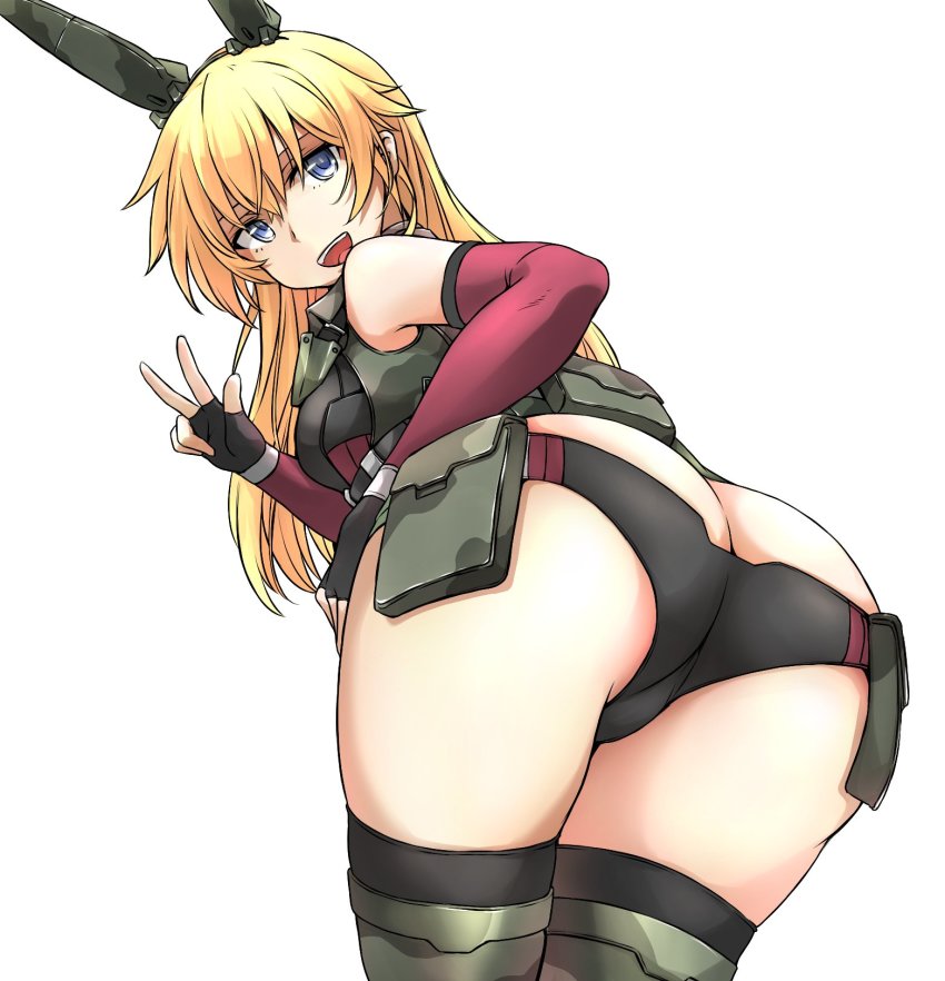 1girl animal_ears ass belt_pouch black_gloves blonde_hair blue_eyes butt_crack character_request copyright_request detached_sleeves dutch_angle female_focus fingerless_gloves from_below gloves hair_between_eyes highres long_hair okutama_tarou pouch rabbit_ears simple_background smile solo thighhighs thighs v white_background