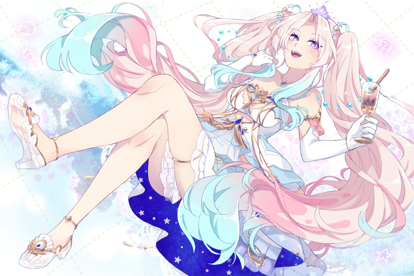 1girl airani_iofifteen airani_iofifteen_(sci-fi_princess) aqua_hair bare_legs breasts bubble_tea crossed_legs dress elbow_gloves feet glass_slipper gloves hair_ornament highres hololive hololive_indonesia jewelry kuroha_ai long_hair looking_at_viewer medium_breasts multicolored_hair necklace pink_hair purple_eyes ruffled_dress see-through_clothes see-through_footwear smile soles star_(symbol) star_print tiara toenails toes twintails very_long_hair virtual_youtuber white_dress white_gloves