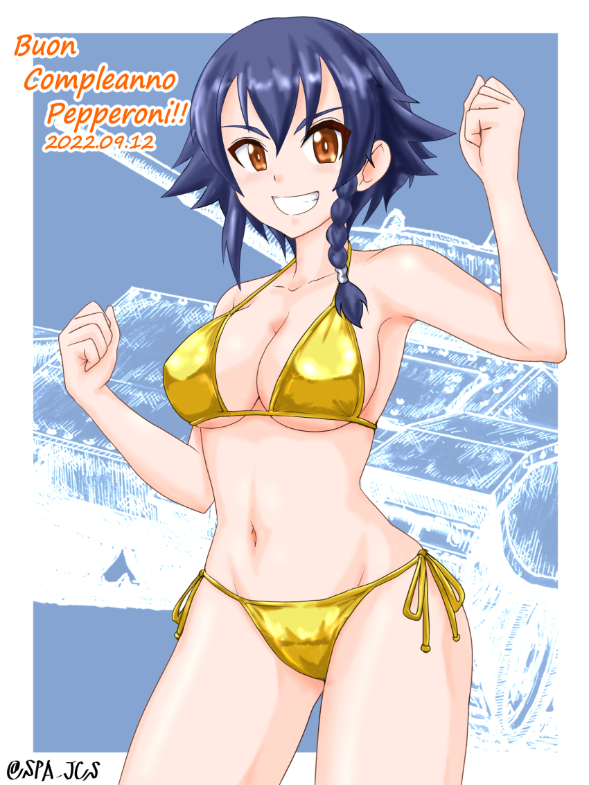 1girl bikini blue_hair blush braid breasts character_name cleavage collarbone dated girls_und_panzer gold_bikini grin happy_birthday highres large_breasts looking_at_viewer navel nspa_(spa-jcs) pepperoni_(girls_und_panzer) red_eyes short_hair side-tie_bikini_bottom signature smile solo swimsuit