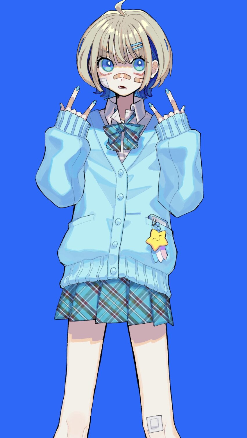 1girl \m/ aegyo_sal ahoge bandage_on_cheek bandage_on_knee bandaid bandaid_on_cheek bandaid_on_face bandaid_on_nose blue_background blue_bow blue_bowtie blue_cardigan blue_eyes blue_hair blue_nails blue_skirt bow bowtie buttons cardigan character_request collared_shirt colored_inner_hair copyright_request fingernails grey_hair hair_ornament hairclip hands_up highres legs_apart looking_up lower_teeth_only miniskirt multicolored_hair nail_polish open_mouth plaid_bow plaid_bowtie plaid_clothes plaid_skirt pleated_skirt shirt short_hair simple_background skirt solo standing star_(symbol) teeth two-tone_hair v-shaped_eyebrows white_shirt yoshioka_suke