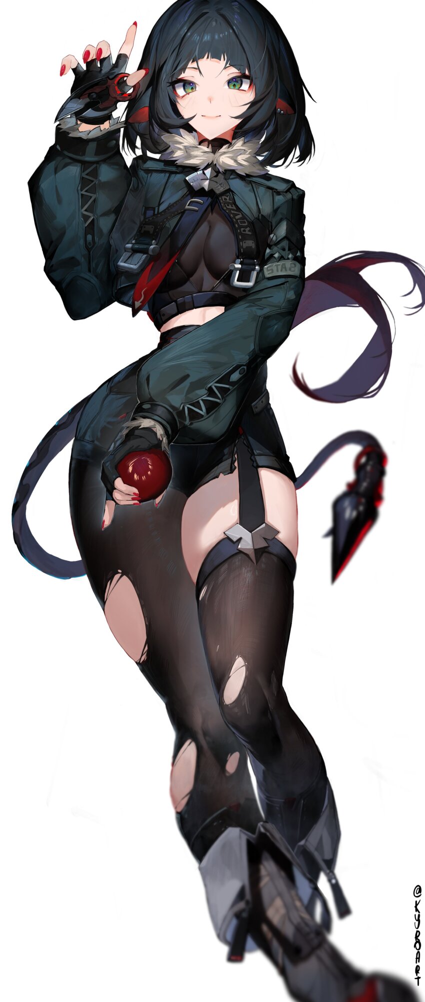 1girl absurdres animal_ears apple black_(blackfallsensei) black_gloves black_hair black_pantyhose black_shorts black_thighhighs blunt_bangs closed_mouth fingerless_gloves fingernails food fruit fur-trimmed_jacket fur_trim gloves green_eyes green_jacket highres holding holding_food holding_fruit holding_weapon jacket jane_doe_(zenless_zone_zero) long_hair mouse_ears mouse_girl mouse_tail multicolored_hair nail_polish pantyhose red_hair red_nails shorts sidelocks simple_background single_leg_pantyhose single_thighhigh smile solo tail thighhighs torn_clothes torn_pantyhose torn_thighhighs two-tone_hair weapon white_background zenless_zone_zero