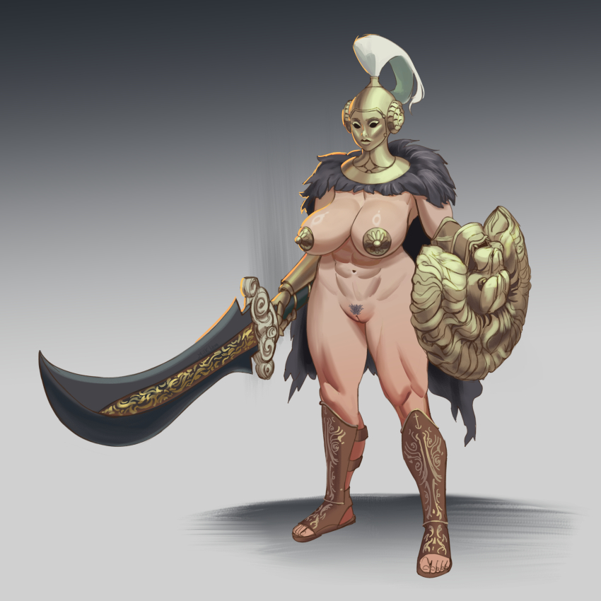 1girl abs absurdres armor breasts covered_erect_nipples elden_ring elden_ring:_shadow_of_the_erdtree female_pubic_hair full_body helmet highres large_breasts milkjam_(bombajead) muscular muscular_female nipple_shield pubic_hair redmane_freyja shield solo standing sword thick_thighs thighs weapon