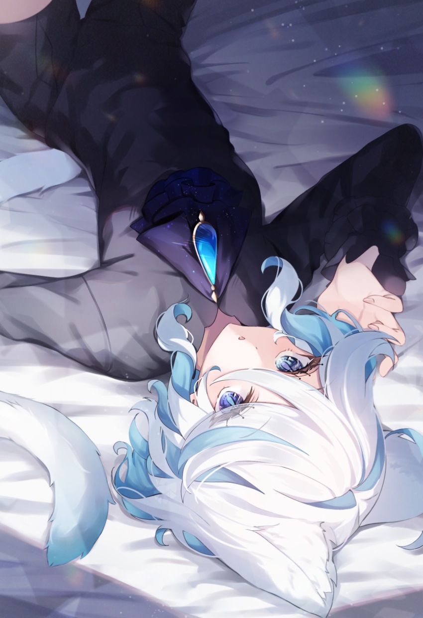 1girl absurdres alternate_costume animal_ears ascot bed_sheet black_shirt black_shorts blue_ascot blue_brooch blue_eyes blue_gemstone blue_hair cat_ears cat_tail commentary_request cowboy_shot eyelashes flat_chest frilled_sleeves frills from_above furina_(genshin_impact) gem genshin_impact hair_between_eyes highres kemonomimi_mode light_blue_hair light_particles long_sleeves looking_at_viewer lying mismatched_pupils multicolored_hair on_back parted_lips partial_commentary pomepome1207 rainbow shirt short_hair shorts solo streaked_hair tail two-tone_hair upside-down white_hair