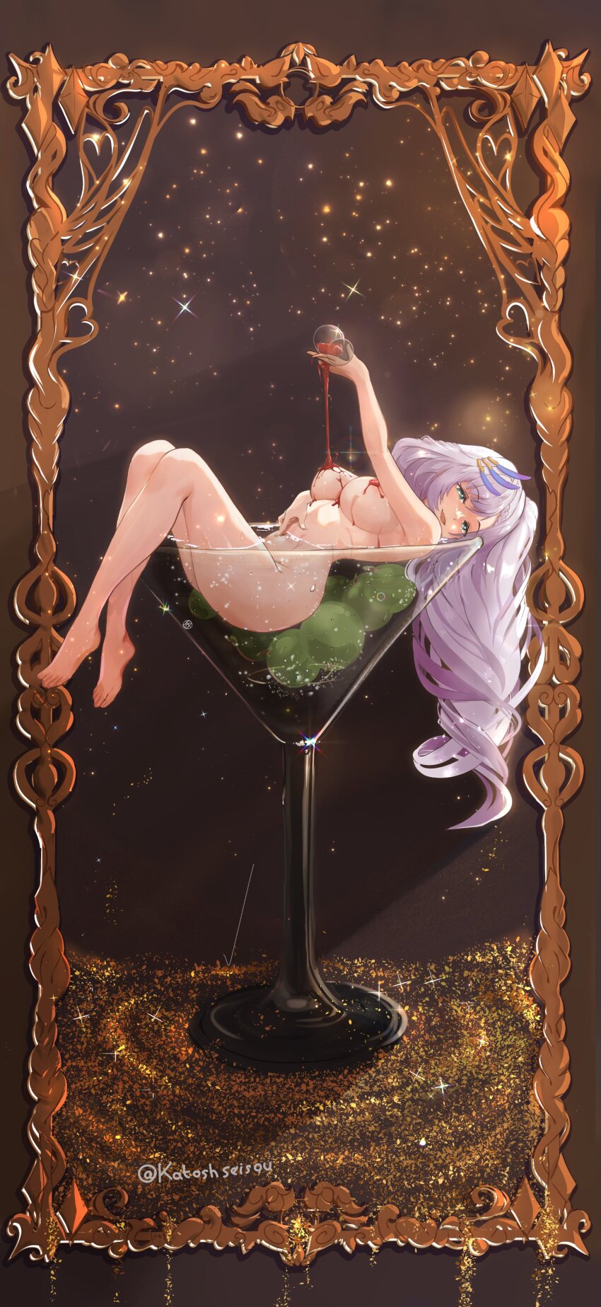 1girl absurdres alcohol artist_name blush braid braided_bangs breasts brown_background censored commentary commission completely_nude convenient_censoring crossed_legs cup drinking_glass feather_hair_ornament feathers feet full_body glass green_eyes grey_hair hair_between_eyes hair_ornament highres holding holding_cup hololive hololive_indonesia katosh large_breasts long_hair looking_at_viewer navel nude open_mouth partially_submerged pavolia_reine picture_frame pouring pouring_onto_self second-party_source simple_background sitting smile solo twitter_username very_long_hair virtual_youtuber wine wine_glass