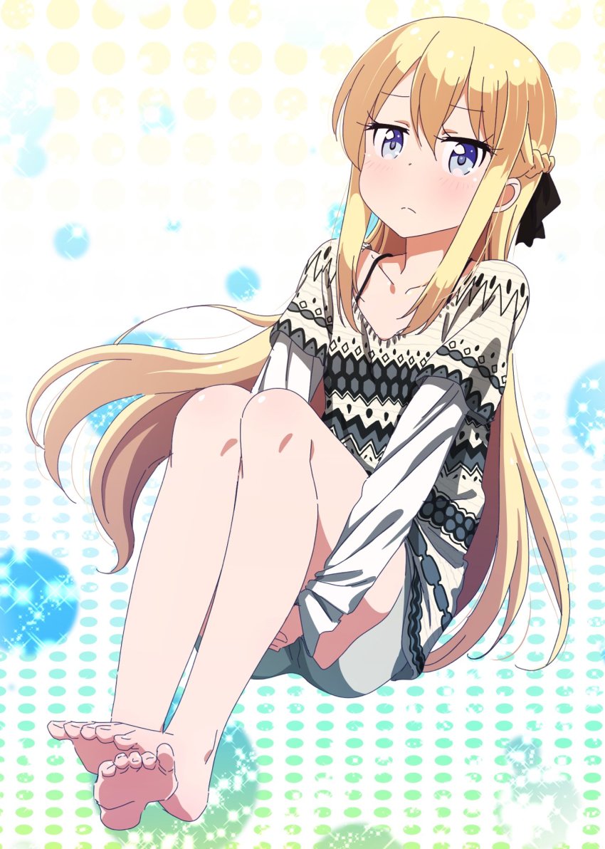 1girl barefoot black_ribbon blonde_hair blue_eyes blush bra_strap collarbone feet feet_together floating_hair full_body grey_shirt grey_shorts hair_between_eyes hair_ribbon highres long_hair makicha_(sasurainopink) new_game! ribbon shiny_skin shirt short_shorts shorts sitting soles solo toes very_long_hair yagami_kou