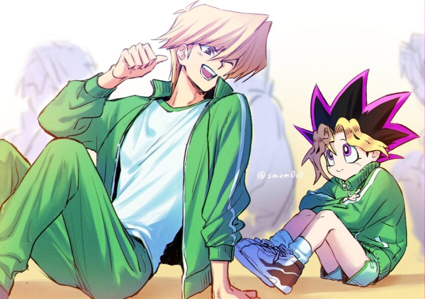 2boys black_hair blonde_hair brown_eyes green_jacket green_pants jacket jonouchi_katsuya male_focus medium_hair multicolored_hair multiple_boys muto_yugi one_eye_closed pants purple_eyes purple_hair shirt sitting smzm0o0 spiked_hair track_suit white_shirt yu-gi-oh! yu-gi-oh!_duel_monsters