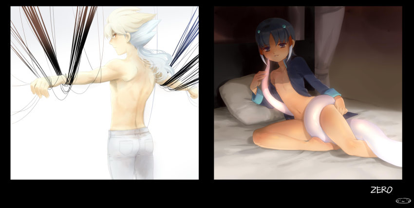 2boys bad_id bad_pixiv_id barefoot bottomless from_behind hair_ornament hakuryuu_(inazuma_eleven) highres inazuma_eleven_(series) inazuma_eleven_go keshin_(inazuma_eleven) long_hair male_focus mizuhara_aki multicolored_hair multiple_boys navel open_clothes out_of_frame ponytail seijuu_shining_dragon topless_male short_hair shuu_(inazuma_eleven) two-tone_hair white_background