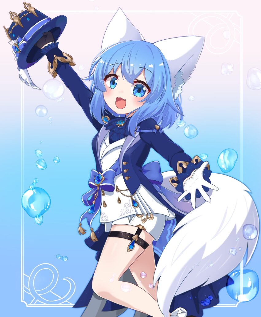 :3 :d ad animal_ear_fluff animal_ears blue_hair blue_hat bubble cosplay dot_nose furina_(genshin_impact) furina_(genshin_impact)_(cosplay) genshin_impact hat highres holding holding_hat holding_unworn_clothes indie_virtual_youtuber jewelry liquid open_mouth pale_skin smile tail thighlet thighs virtual_youtuber water water_drop wolf_ears wolf_girl wolf_tail wolfychu wolfychu_(artist)