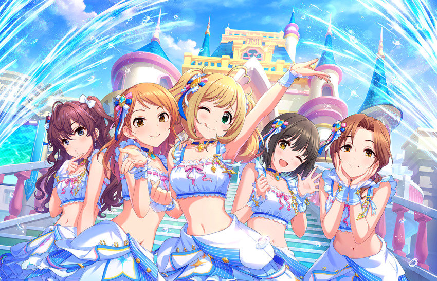 5girls annindoufu_(oicon) arm_up black_hair blonde_hair blue_eyes brown_eyes brown_hair finger_to_mouth green_eyes hand_on_own_chin hojo_karen ichinose_shiki idolmaster idolmaster_cinderella_girls idolmaster_cinderella_girls_starlight_stage kawashima_mizuki multiple_girls navel official_art one_eye_closed orange_hair sato_shin skirt stairs tagme takafuji_kako twintails waving wink