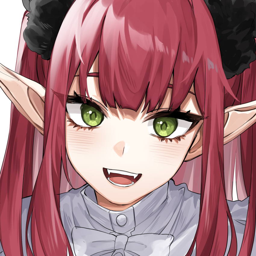 1girl fangs green_eyes hair_ornament hair_scrunchie highres kitagawa_marin light_blush long_hair looking_at_viewer mugripley open_mouth pointy_ears red_hair scrunchie simple_background smile solo sono_bisque_doll_wa_koi_wo_suru white_background