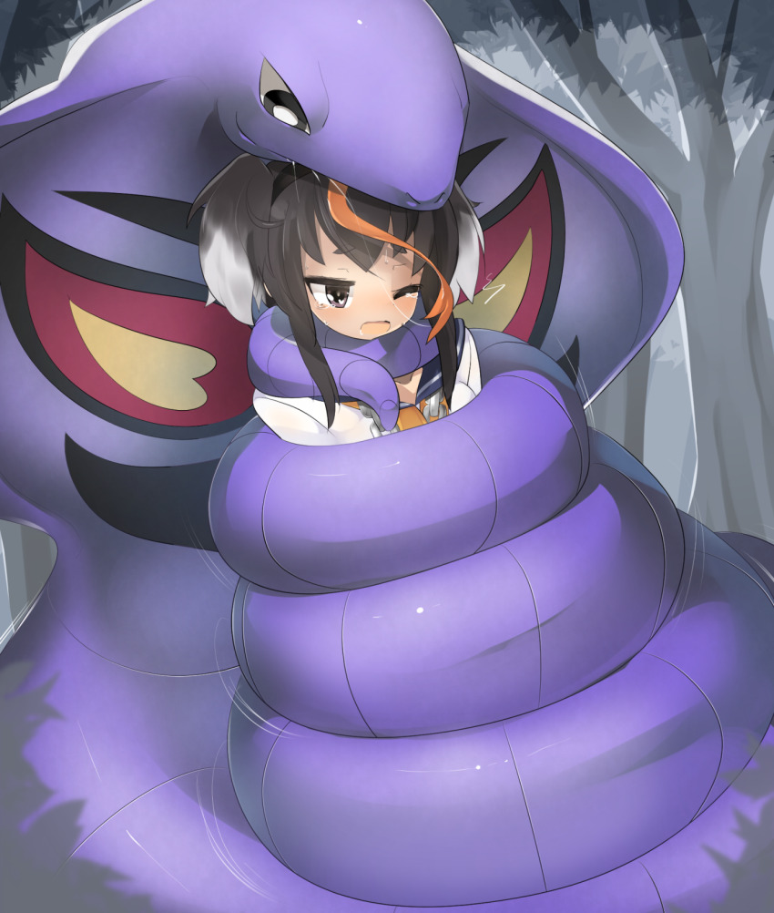 1girl arbok black_eyes black_hair black_hairband blush commentary_request constriction creatures_(company) crossover forest forked_tongue full_body game_freak gen_1_pokemon grey_sailor_collar hairband highres imminent_death kantai_collection lets0020 nature nintendo one_eye_closed open_mouth pokemon pokemon_(creature) sailor_collar shirt short_hair_with_long_locks snake tokitsukaze_(kancolle) tongue white_shirt