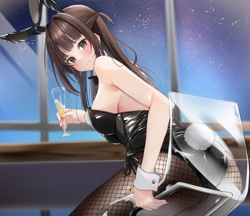 1girl akishino_yuzuki animal_ears black_bow black_bowtie black_hair black_leotard black_pantyhose bow bowtie brown_eyes chair counter cowboy_shot detached_collar fake_animal_ears fishnet_pantyhose fishnets half_updo indie_virtual_youtuber leotard long_hair pantyhose playboy_bunny rabbit_ears rabbit_tail see-through_clothes side-tie_leotard smile solo strapless strapless_leotard tail tikuwanwa virtual_youtuber window wrist_cuffs