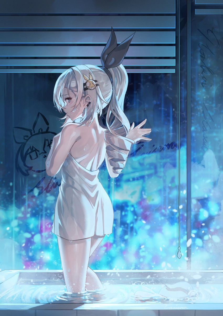 1girl absurdres bare_back bare_shoulders bath caisena cowboy_shot drill_hair drill_ponytail grey_eyes grey_hair hair_between_eyes hair_ornament highres honkai:_star_rail honkai_(series) long_hair looking_back naked_towel silver_wolf_(honkai:_star_rail) solo standing towel wet window