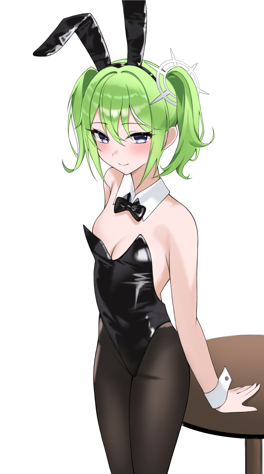 1girl absurdres animal_ears black_bow black_bowtie black_leotard black_pantyhose bllustration bow bowtie breasts detached_collar green_eyes green_hair highres leotard medium_breasts pantyhose playboy_bunny rabbit_ears simple_background small_breasts solo stellive strapless strapless_leotard table virtual_youtuber white_background wrist_cuffs yuzuha_riko