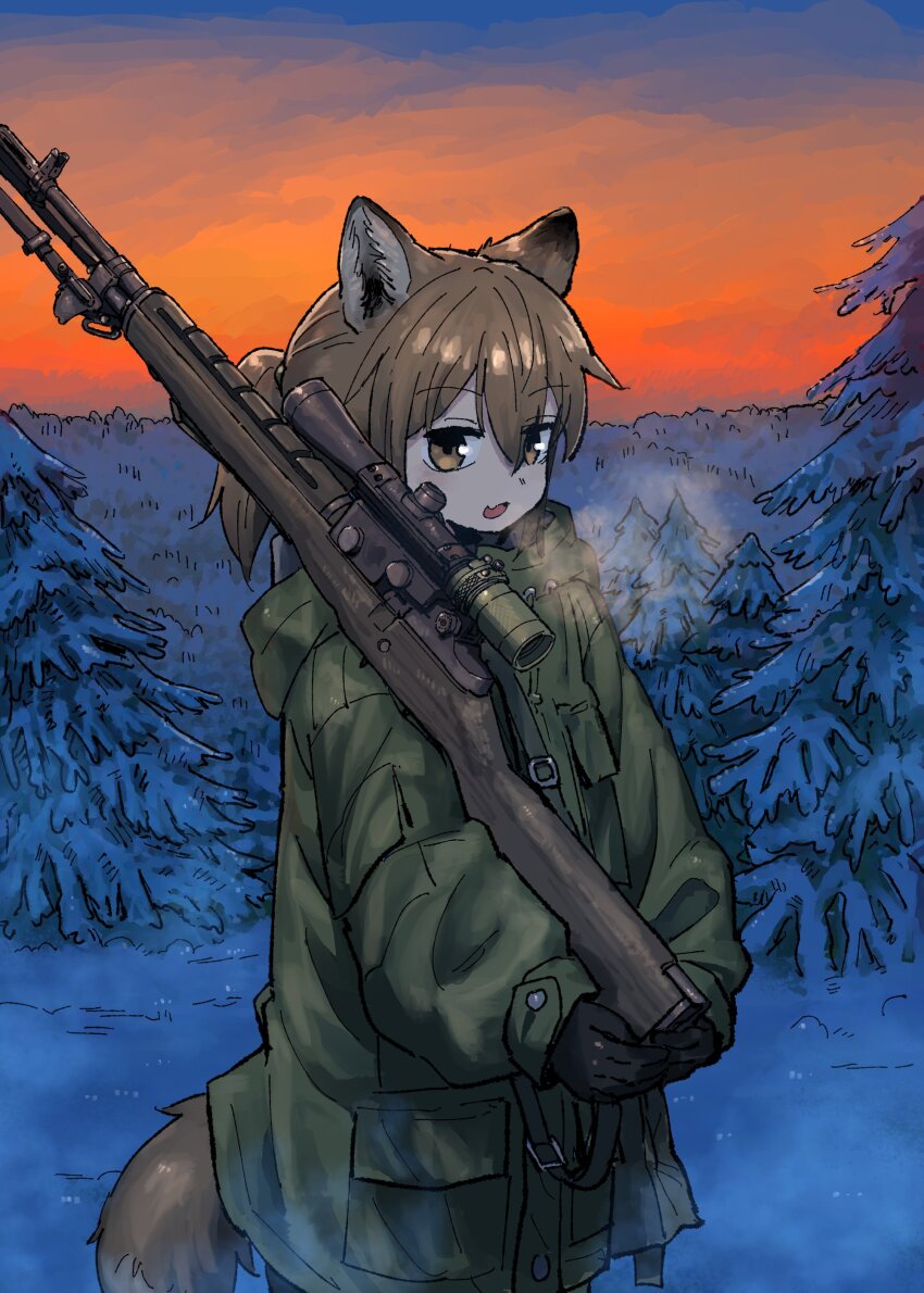 1girl absurdres animal_ears battle_rifle black_gloves blue_sky breath brown_eyes brown_hair buttons drawstring fox_ears fox_girl fox_girl_(yihan_world) fox_tail gloves gradient_sky green_jacket gun highres holding holding_gun holding_weapon hood hood_down hooded_jacket jacket m14 m21 open_mouth orange_sky original ponytail rifle scope sky snow solo strap sunset tail tree weapon winter yihan_world