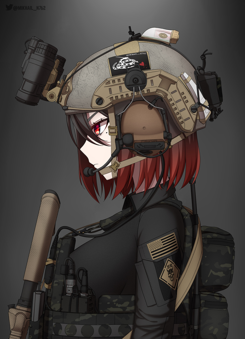 1girl american_flag ammunition_pouch arm_pouch artist_name assault_rifle backpack bag black_collar black_hair black_sweater breasts brown_helmet buckle bulletproof_vest cable camouflage closed_mouth collar combat_helmet commentary english_commentary eyeshadow from_side gradient_hair grey_background gun gun_sling h&amp;k_hk416 hair_between_eyes headset heart helmet highres large_breasts load_bearing_vest logo magazine_(weapon) makeup mikhail_n762 mikoto_(mikhail_n762) military military_operator military_uniform mole mole_under_eye multicolored_hair night_vision_device original patch pouch radio radio_antenna red_eyes red_hair rifle short_hair slit_pupils snap-fit_buckle sweater tactical_clothes twitter_logo twitter_username weapon