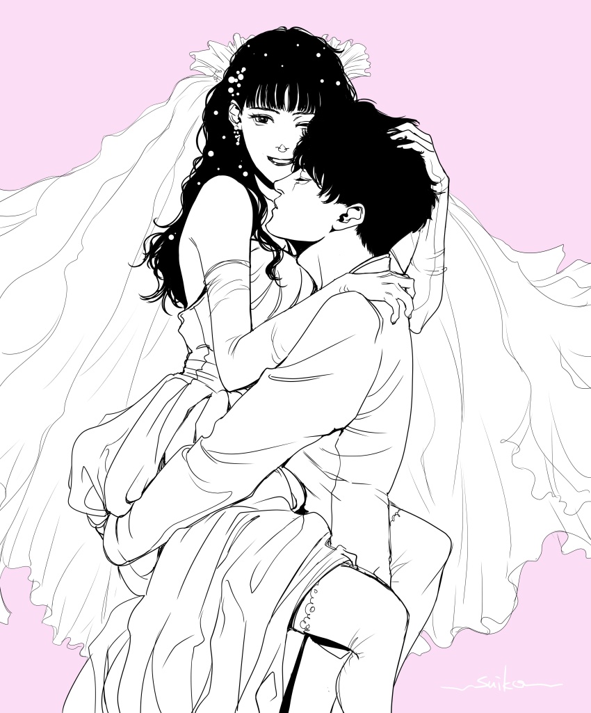 1boy 1girl absurdres artist_name blunt_bangs carrying closed_eyes dress earrings elbow_gloves gloves hetero highres jewelry lipstick long_sleeves makeup monochrome original pink_background princess_carry short_hair smile suiko1977 thighhighs wedding wedding_dress