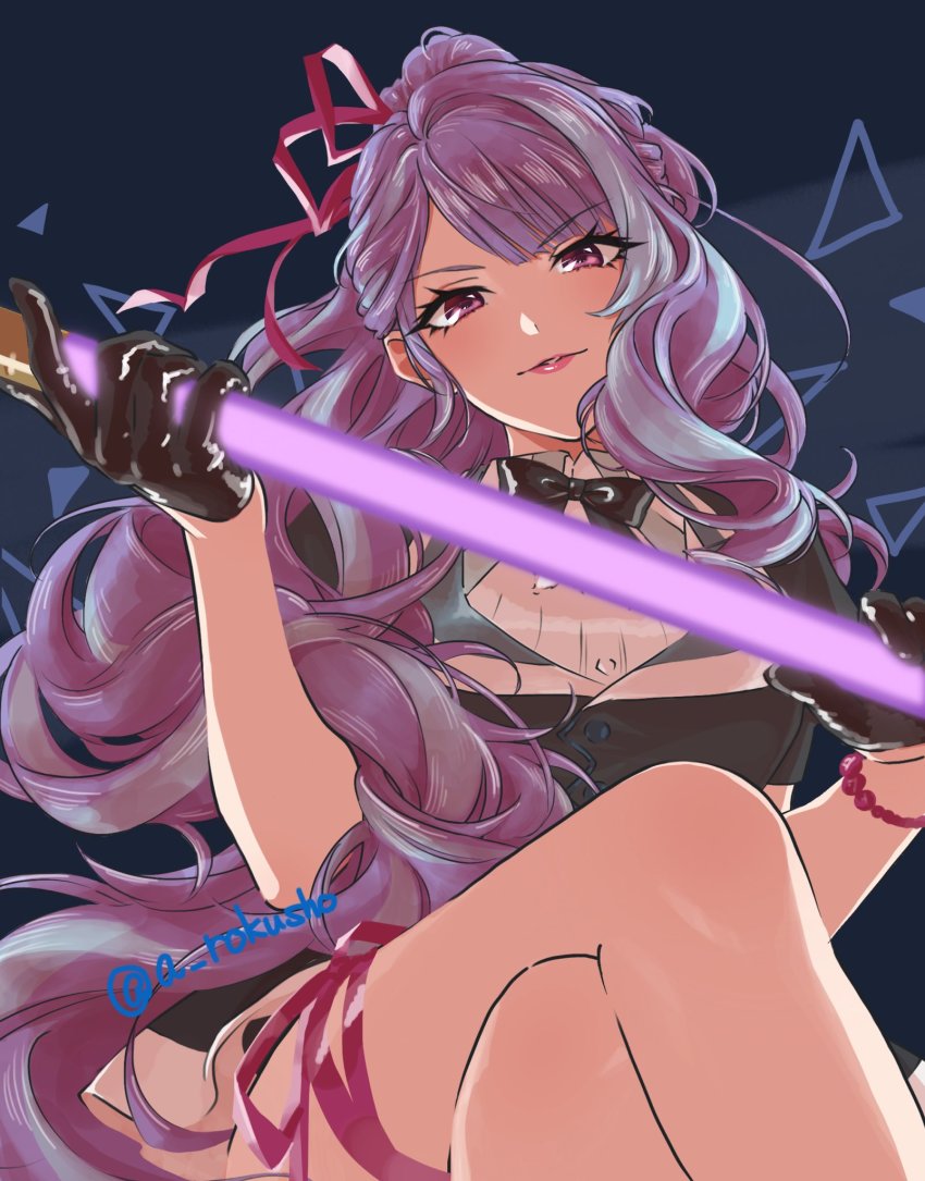 1girl aoi_rokushou black_bow black_jacket blue_background blue_hair bow breasts crossed_legs hair_ribbon highres holding jacket light_stick looking_at_viewer macross macross_delta medium_breasts mikumo_guynemer multicolored_hair parted_lips pink_ribbon purple_eyes purple_hair ribbon shirt sitting smile solo streaked_hair thigh_strap twitter_username white_shirt