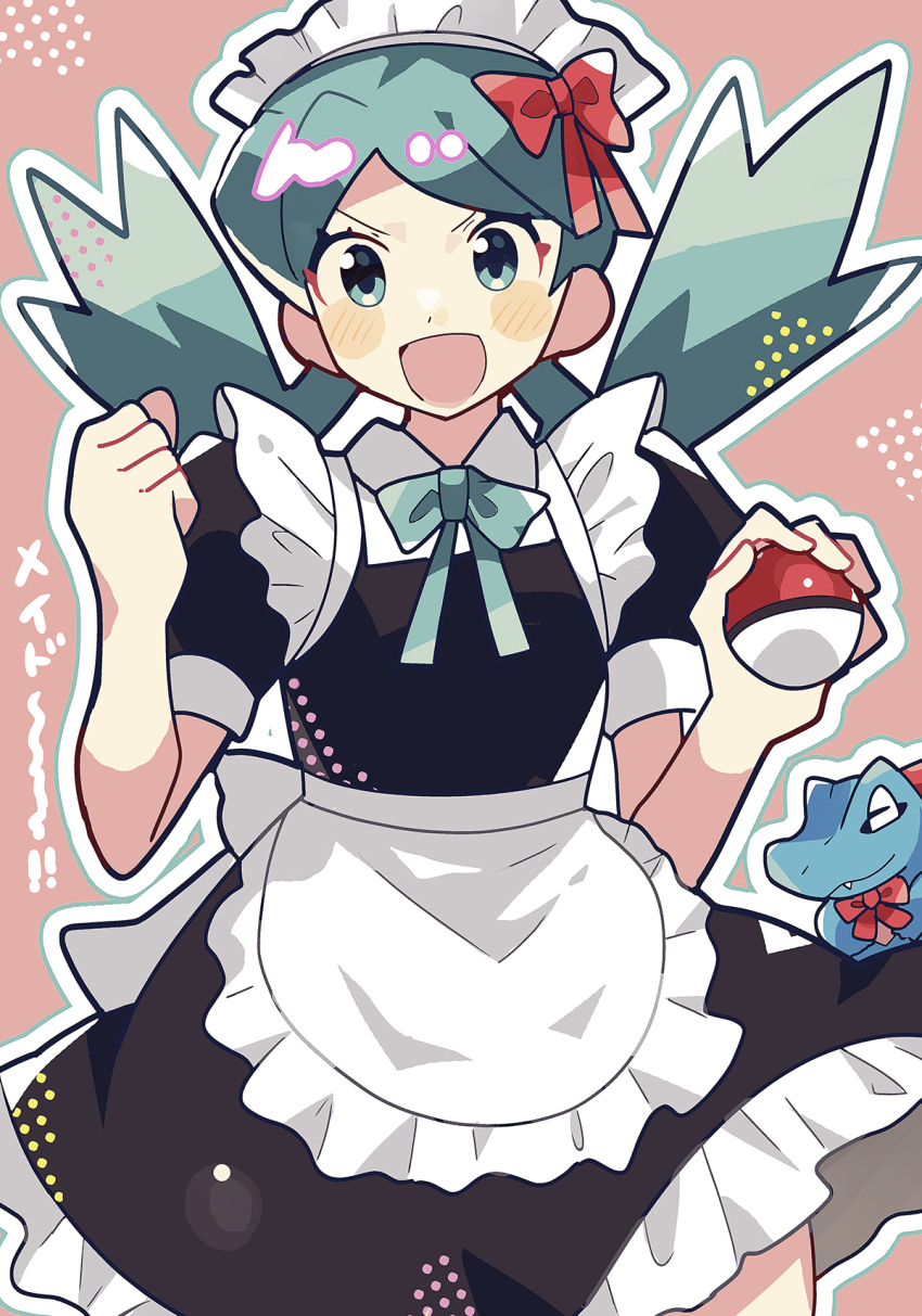 1girl :d alternate_costume anidler91 apron black_dress blue_bow blue_bowtie blue_eyes blue_hair bow bowtie clenched_hand creatures_(company) dress enmaided frilled_apron frilled_dress frills game_freak gen_2_pokemon hair_bow highres holding holding_poke_ball kris_(pokemon) long_hair maid maid_headdress nintendo no_sclera open_mouth outline pink_background poke_ball poke_ball_(basic) pokemon pokemon_(creature) pokemon_gsc puffy_short_sleeves puffy_sleeves red_bow short_sleeves smile totodile twintails v-shaped_eyebrows waist_apron white_apron white_outline