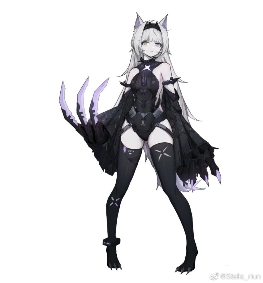 1girl ahoge animal_ears anklet backless_leotard bare_shoulders black_hairband black_thighhighs breasts chinese_commentary claw_(weapon) commentary covered_navel detached_sleeves full_body grey_eyes hair_intakes hairband heterochromia jewelry legs_apart leotard long_hair long_sleeves looking_at_viewer mechanical_ears mechanical_hands no._21:_feral_scent_(pgr) no._21_(pgr) punishing:_gray_raven purple_eyes ren_xiaoxin simple_background skindentation sleeves_past_wrists small_breasts solo standing tachi-e tail thighhighs very_long_hair weapon weibo_watermark weibo_watermark white_background white_hair wolf_ears wolf_girl wolf_tail