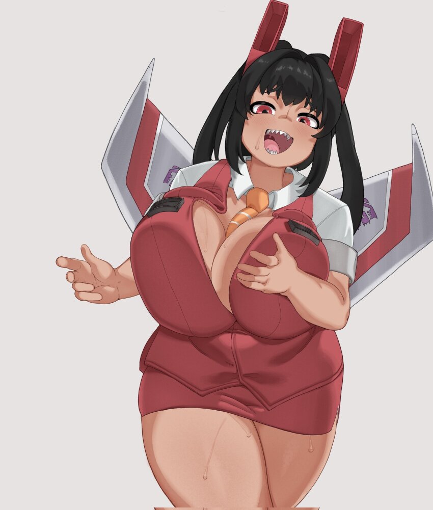 1girl between_breasts blush breasts cleavage corrupted_twitter_file cowboy_shot genderswap genderswap_(mtf) grey_background highres huge_breasts humanization icecube2lazy leaning_to_the_side necktie necktie_between_breasts open_hands open_mouth plump red_eyes red_skirt sharp_teeth short_sleeves simple_background skirt solo starscream sweat teeth thick_thighs thighs transformers wing_collar