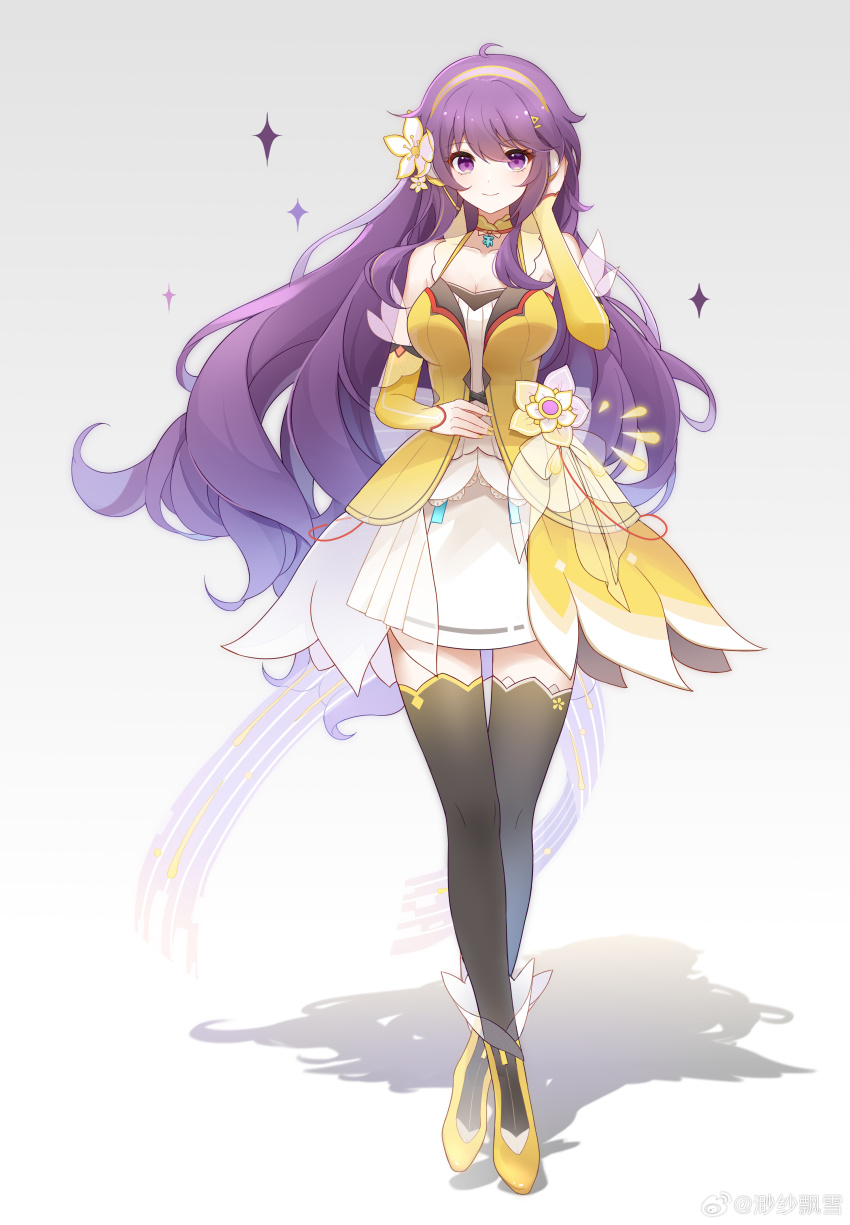 1girl absurdres bare_shoulders black_thighhighs breasts crossed_ankles detached_sleeves dress flower full_body gradient_background hair_flower hair_ornament hairband hand_in_own_hair hand_up highres long_hair medium_breasts miaosha_piaoxue mo_qingxian purple_eyes purple_hair shadow short_dress sleeveless sleeveless_dress smile solo sparkle standing straight-on tachi-e thighhighs vocaloid vsinger_(vocaloid) weibo_logo weibo_watermark white_flower yellow_dress yellow_footwear yellow_hairband yellow_sleeves zettai_ryouiki