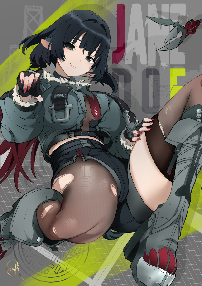 1girl absurdres animal_ears artist_name black_hair boots breasts character_name chark14 fingerless_gloves fur-trimmed_jacket fur_trim gloves green_eyes green_jacket grey_boots high-waist_shorts highres holding holding_with_tail jacket jane_doe_(zenless_zone_zero) knee_boots knife long_hair looking_at_viewer mixed-language_commentary mouse_ears mouse_girl mouse_tail multicolored_hair pantyhose parted_lips prehensile_tail red_hair red_nails sharp_tail shorts single_leg_pantyhose single_thighhigh smile solo tail thighhighs thighs torn_clothes torn_pantyhose torn_thighhighs weapon wolf_cut zenless_zone_zero