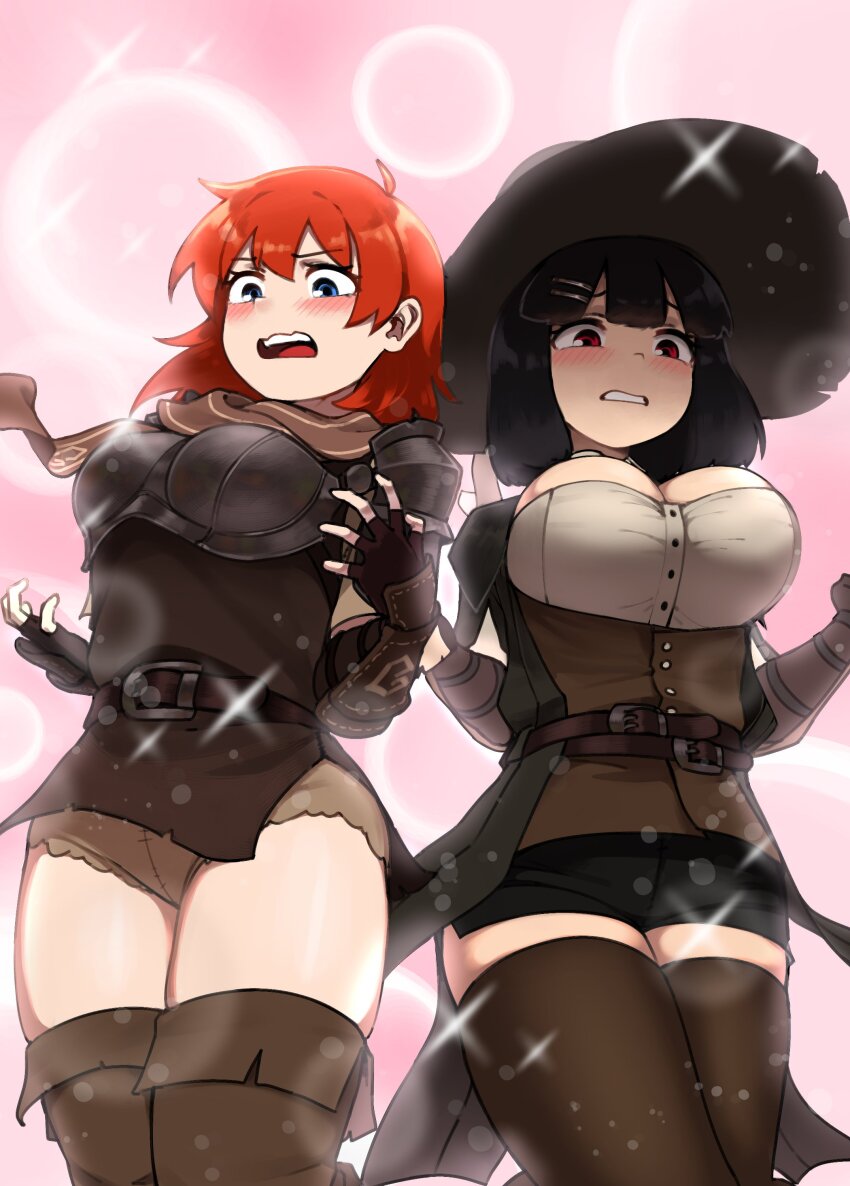 2girls absurdres belt black_hair blue_eyes blush boots breasts cleavage fingerless_gloves genderswap genderswap_(mtf) gloves hat highres kurisuu101 large_breasts medium_hair multiple_girls original red_eyes red_hair sparkle surprised thigh_boots thighs wizard_hat