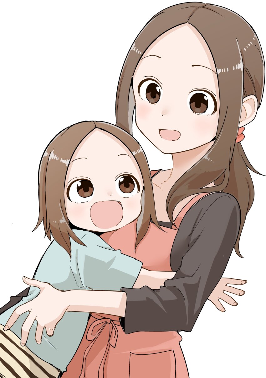 2girls absurdres brown_eyes brown_hair commentary_request forehead highres hug inaba_mifumi karakai_jouzu_no_(moto)_takagi-san karakai_jouzu_no_takagi-san long_hair mother_and_daughter multiple_girls nishikata_chii open_mouth parted_bangs ponytail short_hair takagi-san white_background