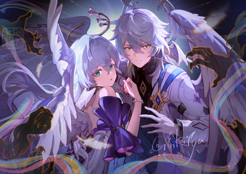 1boy 1girl aqua_eyes bare_shoulders blue_hair brother_and_sister commentary detached_sleeves dress earrings gloves grey_hair hair_between_eyes halo halo_behind_head head_wings honkai:_star_rail honkai_(series) jewelry kyouran_de_onikoushi long_hair long_sleeves looking_at_viewer medium_hair open_mouth purple_hair robin_(honkai:_star_rail) shirt short_sleeves siblings strapless strapless_dress sunday_(honkai:_star_rail) two-tone_dress very_long_hair white_dress white_gloves white_wings wings yellow_eyes