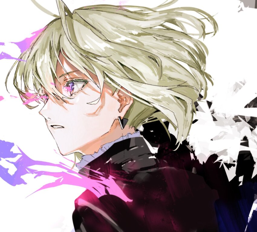 1boy black_shirt blonde_hair collar collared_shirt ear_piercing earrings fire floating_hair frilled_collar frills hair_between_eyes highres jewelry ligton1225 lio_fotia looking_ahead male_focus parted_lips piercing popped_collar profile promare purple_eyes purple_fire shirt solo upper_body