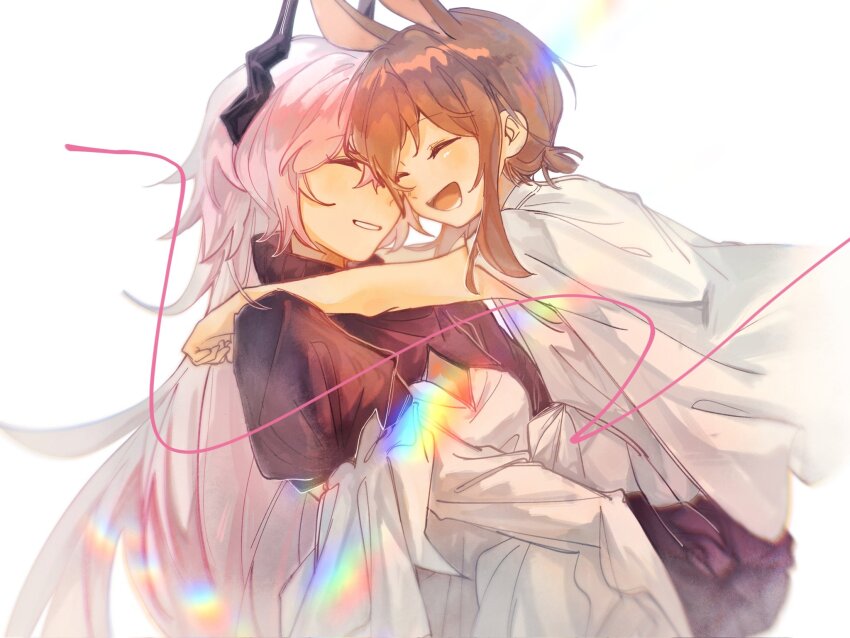 2girls :d ^_^ amiya_(arknights) animal_ears arknights black_horns blurry brown_hair carrying carrying_person chinese_commentary cleavage_cutout closed_eyes clothing_cutout commentary_request dress grin happy heads_together highres horns hug lens_flare long_hair long_sleeves maplebyebye multiple_girls open_mouth pink_hair short_hair sleeveless smile theresa_(arknights) thread white_background white_dress