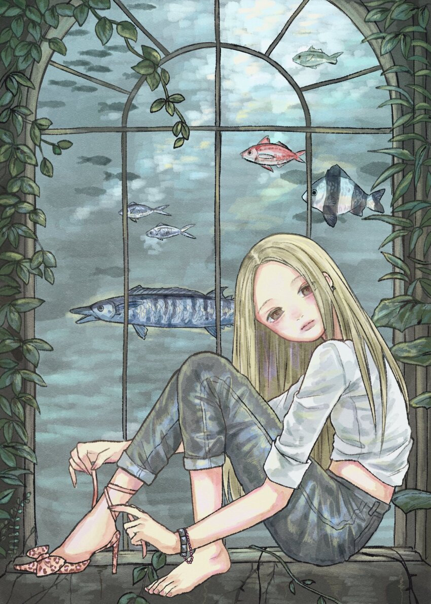 1girl barefoot bracelet brown_eyes denim feet fish gokuraku_fish highres jeans jewelry long_hair looking_at_viewer original pants plant shoes single_shoe sitting solo tying_footwear