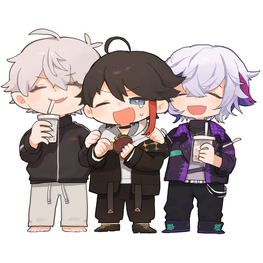 3boys :d ^_^ ahoge barefoot black_choker black_footwear black_hair black_jacket black_pants blue_eyes bubble_tea chibi choker closed_eyes coin coin_purse crying crying_with_eyes_open cup disposable_cup drawstring fang fuwa_minato fuwa_minato_(1st_costume) grey_hair grey_pants grey_shirt hair_between_eyes hand_on_another&#039;s_shoulder highres holding holding_cup hood hood_down hoodie jacket kiduta_cielo kuzuha_(nijisanji) long_sleeves male_focus money multicolored_hair multiple_boys nijisanji one_eye_closed open_clothes open_jacket open_mouth pants pointy_ears purple_hair red_hair saegusa_akina saegusa_akina_(1st_costume) shirt shoes simple_background smile streaked_hair sweatpants tears track_jacket v-shaped_eyebrows virtual_youtuber white_background white_hoodie