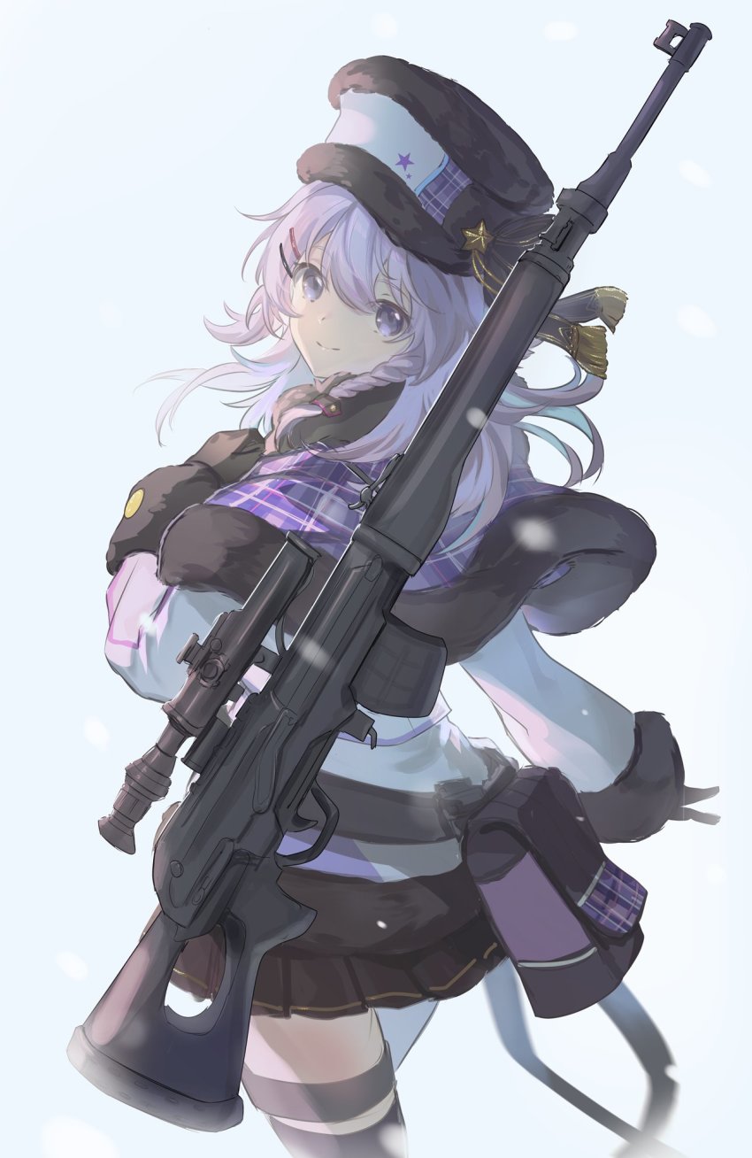 1girl asukayou black_gloves black_skirt braid capelet clenched_hand from_behind fur_hat fur_trim gloves gun hair_ornament hairclip hat highres long_hair looking_at_viewer looking_back nijisanji nijisanji_kr nun_bora nun_bora_(1st_costume) purple_hair rifle skirt smile sniper_rifle solo thigh_strap ushanka virtual_youtuber weapon weapon_on_back