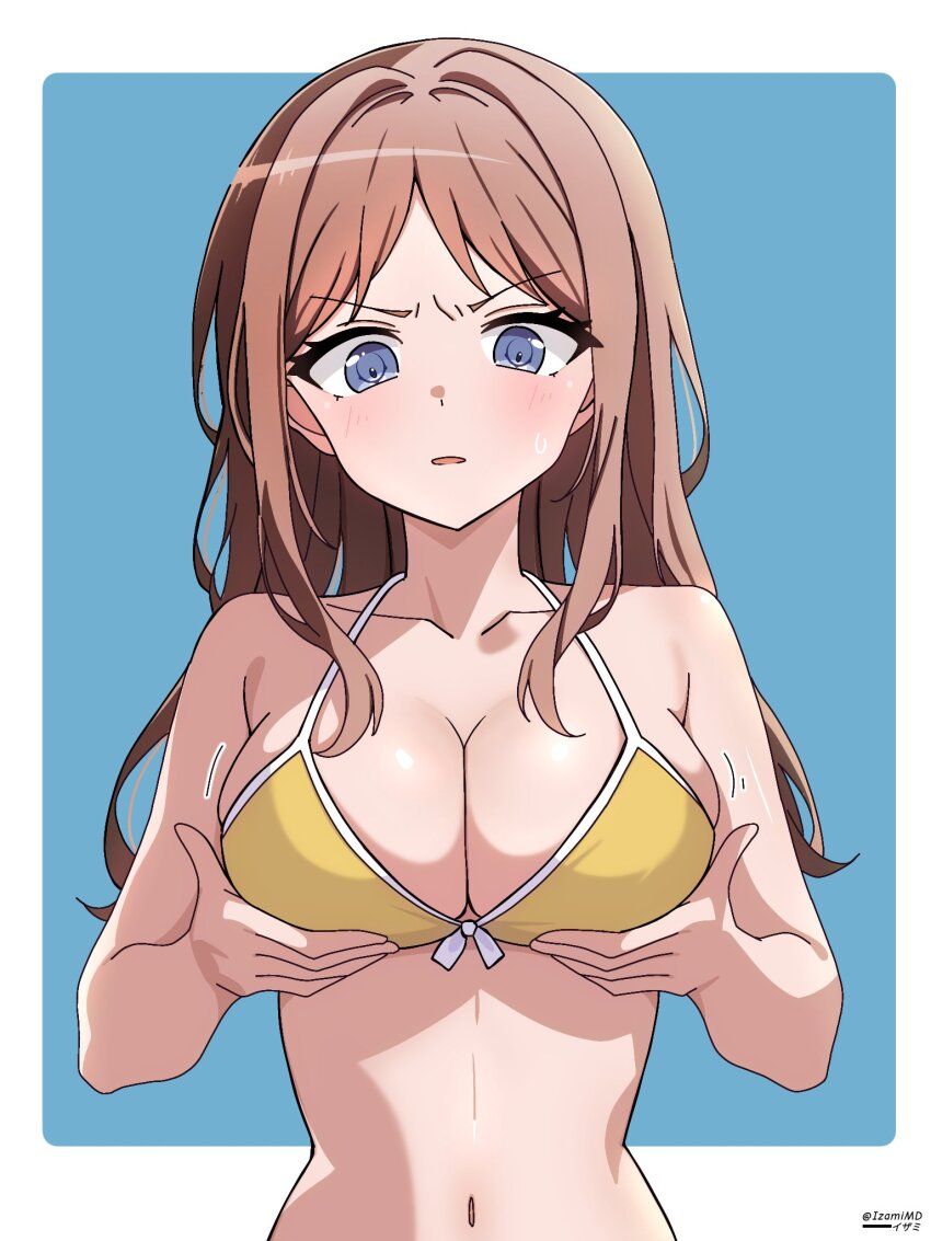 1girl bang_dream! bang_dream!_it&#039;s_mygo!!!!! bikini blue_background blue_eyes brown_hair hands_on_own_breasts highres izami_md long_hair mygo!!!!!_(bang_dream!) nagasaki_soyo navel parted_lips sweat swimsuit yellow_bikini