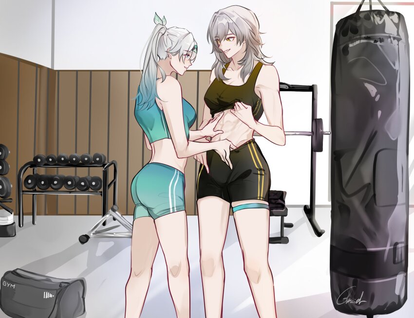 2girls abs bag barbell black_shorts black_sports_bra blue_hair blue_shorts blue_sports_bra bra bra_lift clothes_pull commentary commission duffel_bag english_commentary firefly_(honkai:_star_rail) glaciel gradient_hair grey_hair gym hand_on_another&#039;s_stomach highres honkai:_star_rail honkai_(series) looking_at_another multicolored_hair multiple_girls parted_lips ponytail punching_bag shorts shorts_pull skindentation smile sports_bra stelle_(honkai:_star_rail) thigh_strap toned toned_female trailblazer_(honkai:_star_rail) underwear weights yuri