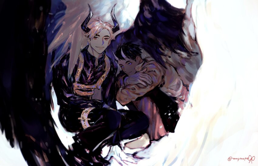 2boys alternate_universe arm_on_knee black_hair black_horns black_pants black_shirt black_wings blonde_hair blue_eyes brothers chest_harness closed_mouth collared_shirt commentary crossed_arms demon_horns english_commentary feathered_wings glowing glowing_eyes haikyuu!! harness horns hugging_own_legs long_sleeves looking_to_the_side male_focus maynope00 miya_atsumu miya_osamu multiple_boys open_collar pants shirt short_hair siblings sideways_glance smile twins twitter_username white_horns white_wings wings