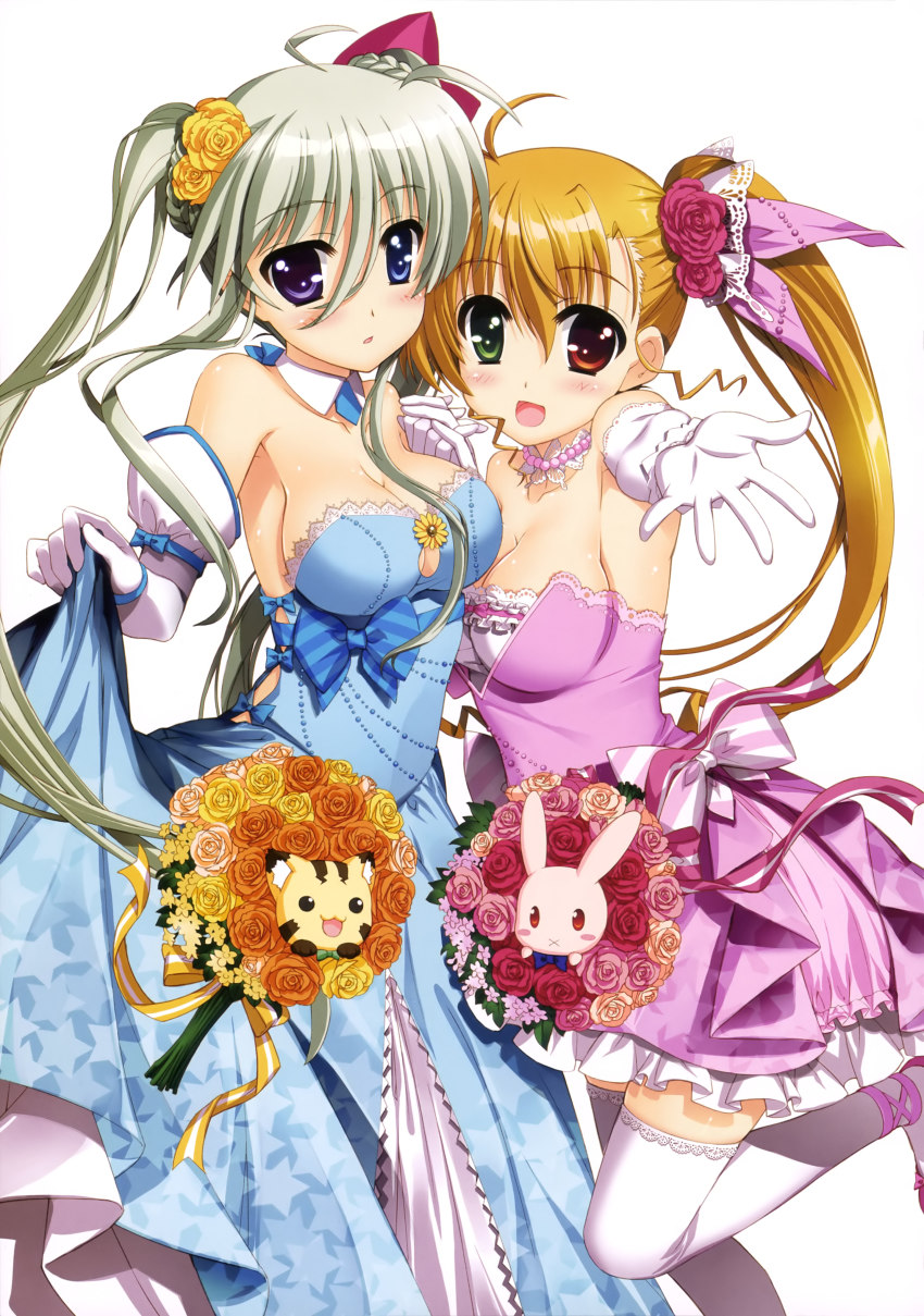 10s 2girls :d absurdres asteion bare_shoulders blonde_hair blue_eyes blush breasts cleavage dress einhard_stratos elbow_gloves flower fujima_takuya gloves green_eyes green_hair hair_flower hair_ornament heterochromia highres long_hair looking_at_viewer lyrical_nanoha mahou_shoujo_lyrical_nanoha mahou_shoujo_lyrical_nanoha_vivid moire multiple_girls official_art aged_up open_mouth purple_eyes red_eyes sacred_heart scan side_ponytail smile thighhighs very_long_hair vivio white_legwear yuri