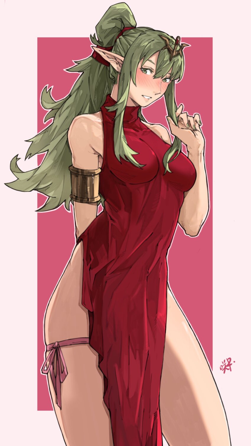 1girl absurdres alternate_costume arm_behind_back armlet bare_shoulders blush breasts commentary covered_navel dress english_commentary fingernails fire_emblem fire_emblem_awakening green_eyes green_hair green_nails hair_between_eyes hair_ornament hair_ribbon hand_in_own_hair highres jewelry long_hair looking_at_viewer medium_breasts nail_polish nintendo pelvic_curtain pointy_ears ponytail red_dress red_ribbon ribbon sakuremi sidelocks signature sleeveless sleeveless_dress solo thighs tiki_(adult)_(fire_emblem) tiki_(fire_emblem) turtleneck turtleneck_dress