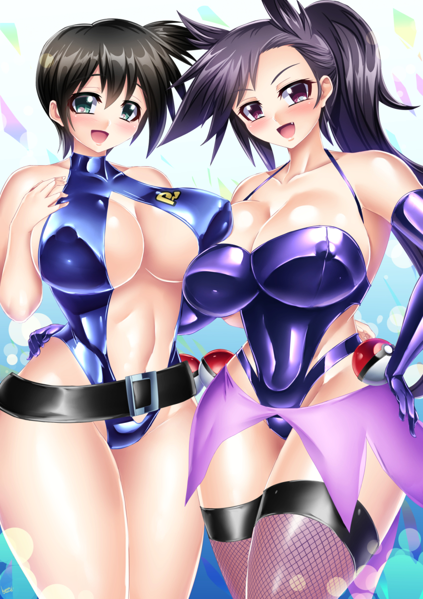 2girls abs asymmetrical_hair belt black_hair blush breast_press breasts covered_navel creatures_(company) curvy fang game_freak gloves green_eyes hand_on_own_hip highleg highleg_leotard highleg_one-piece_swimsuit highres huge_breasts kogawawaki large_breasts legs leotard long_hair misty_(pokemon) multiple_girls muscular nintendo nipples one-piece_swimsuit open_mouth pauline_(pokemon) poke_ball pokemon pokemon:_the_electric_tale_of_pikachu pokemon_reburst ponytail purple_eyes shiny_skin short_hair side_ponytail slingshot_swimsuit standing swimsuit thick_thighs thighhighs thighs wide_hips